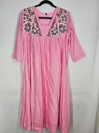 Blush Pink Mul Cotton Midi Dress with Charcoal Grey Embroidery - Image 2