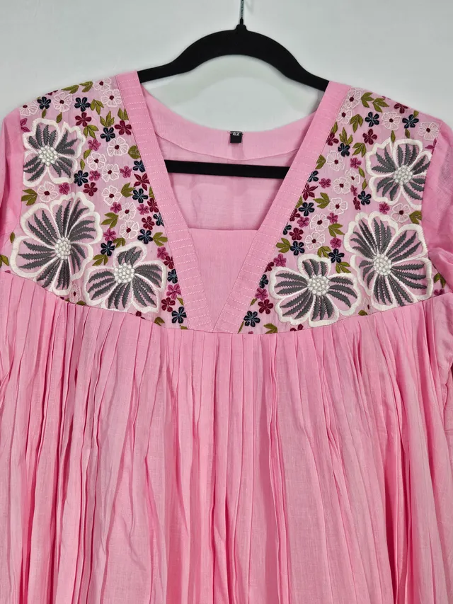Blush Pink Mul Cotton Frock with Charcoal Grey Floral Embroidery - product image