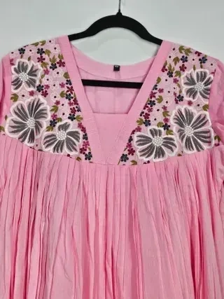 Blush Pink Mul Cotton Midi Dress with Charcoal Grey Embroidery - Image 3