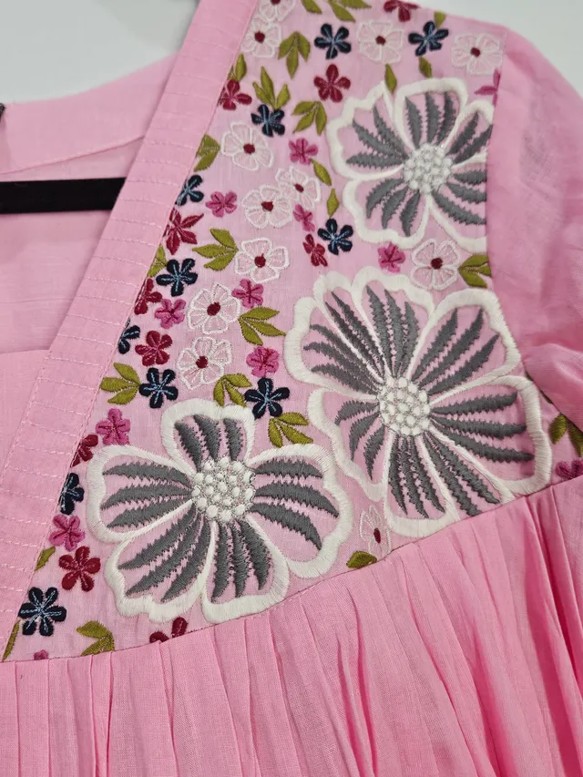Blush Pink Mul Cotton Frock with Charcoal Grey Floral Embroidery - product image