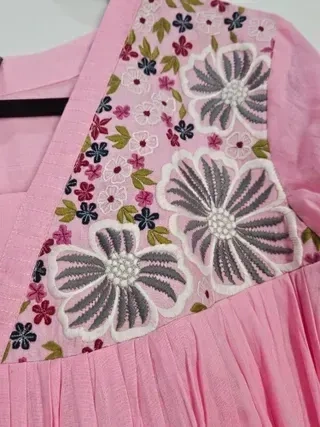 Blush Pink Mul Cotton Midi Dress with Charcoal Grey Embroidery - Image 4