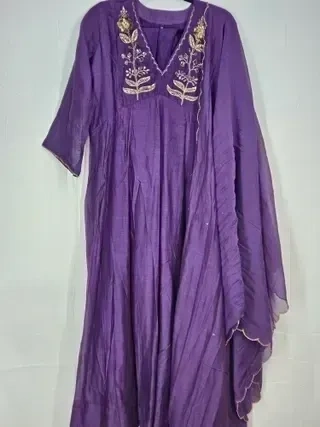 Royal Purple Chanderi Anarkali Dress with Gold Zari for Weddings - Image 2
