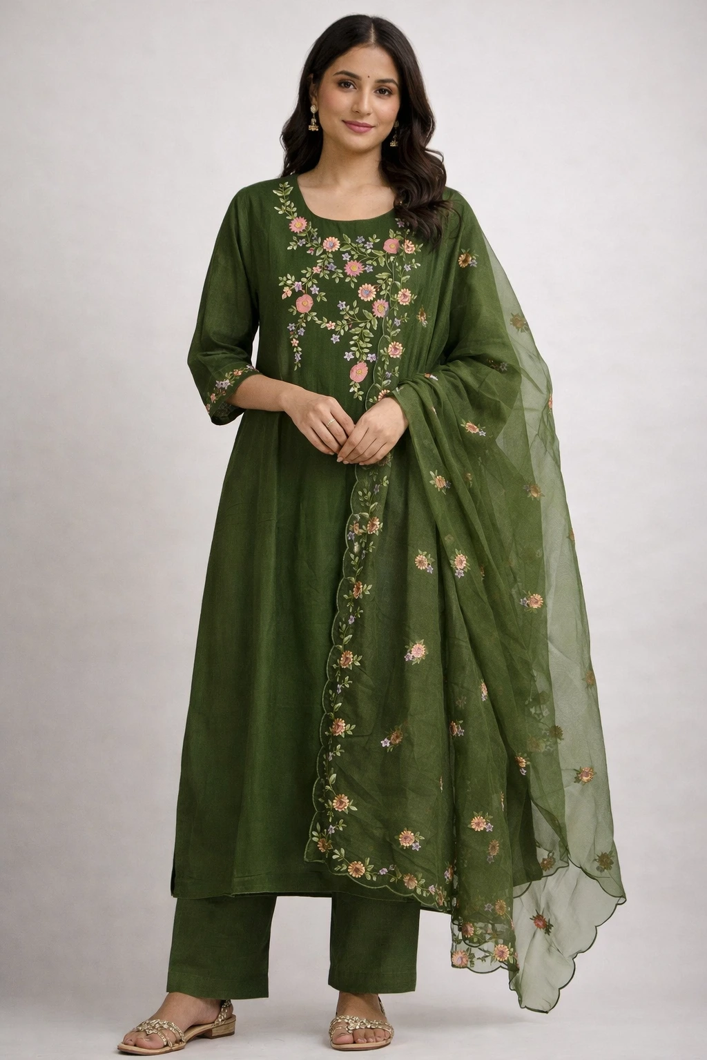 Pure muslin ethnic lehenga dress in olive green with floral embroidery, paired with a matching dupatta featuring delicate floral accents.
