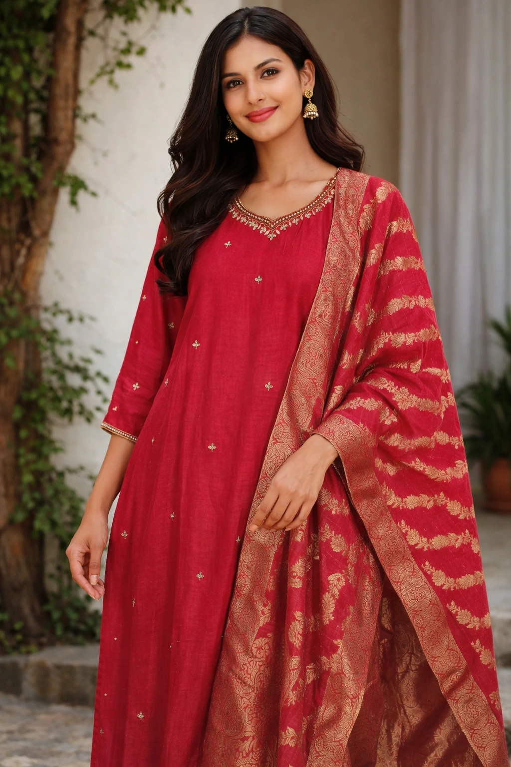 Pure Dola Silk ethnic dress in deep red with delicate golden embroidery, paired with a matching dupatta featuring intricate gold patterns. Perfect for weddings and festive occasions.