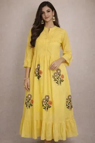 Soft Beige Mul Cotton A-Line Ethnic Dress for Weddings & Festivals