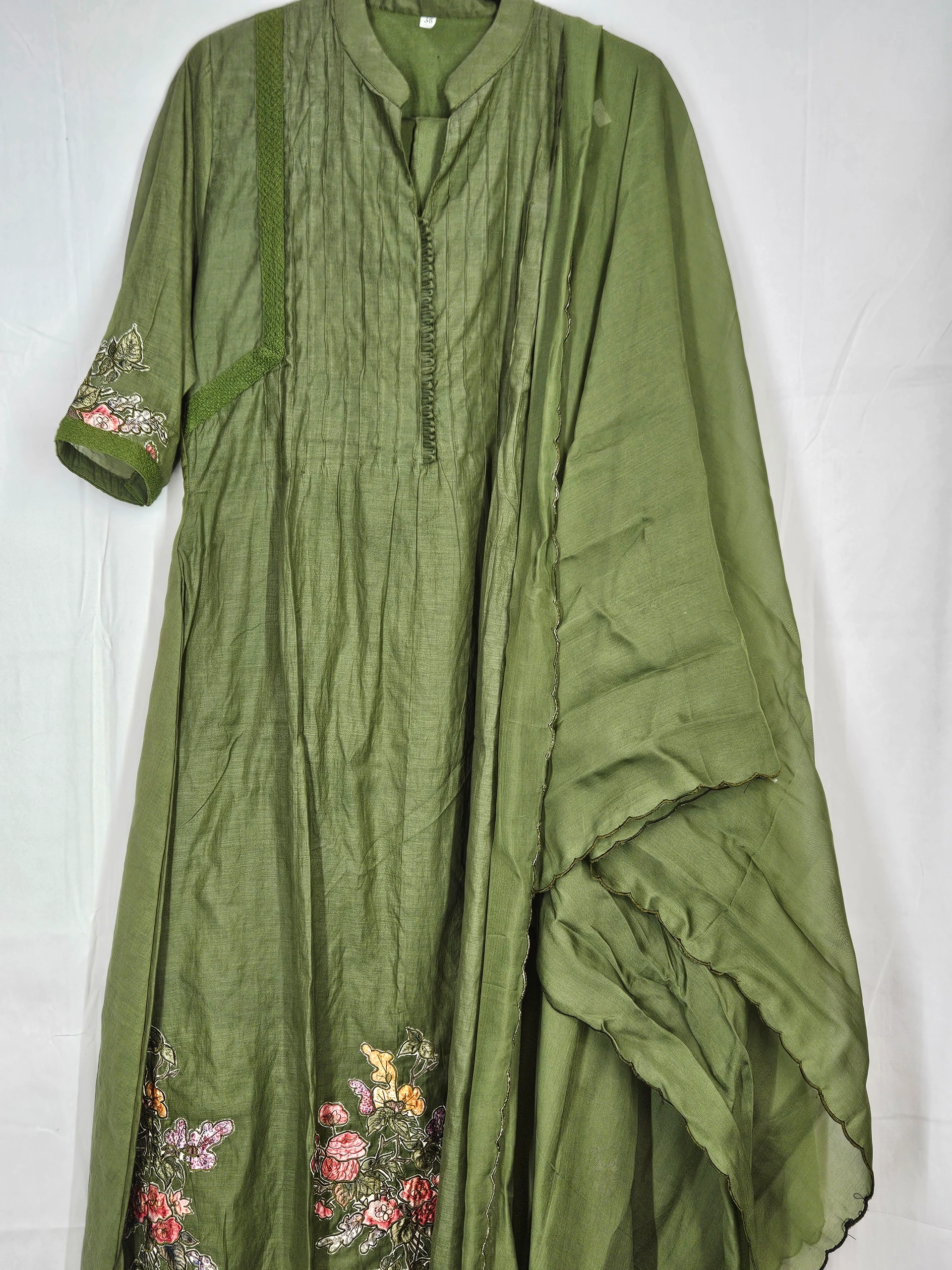 Pure Mul Chanderi 3-piece suit in olive green, featuring intricate floral embroidery on the kurta and dupatta, perfect for elegant occasions.