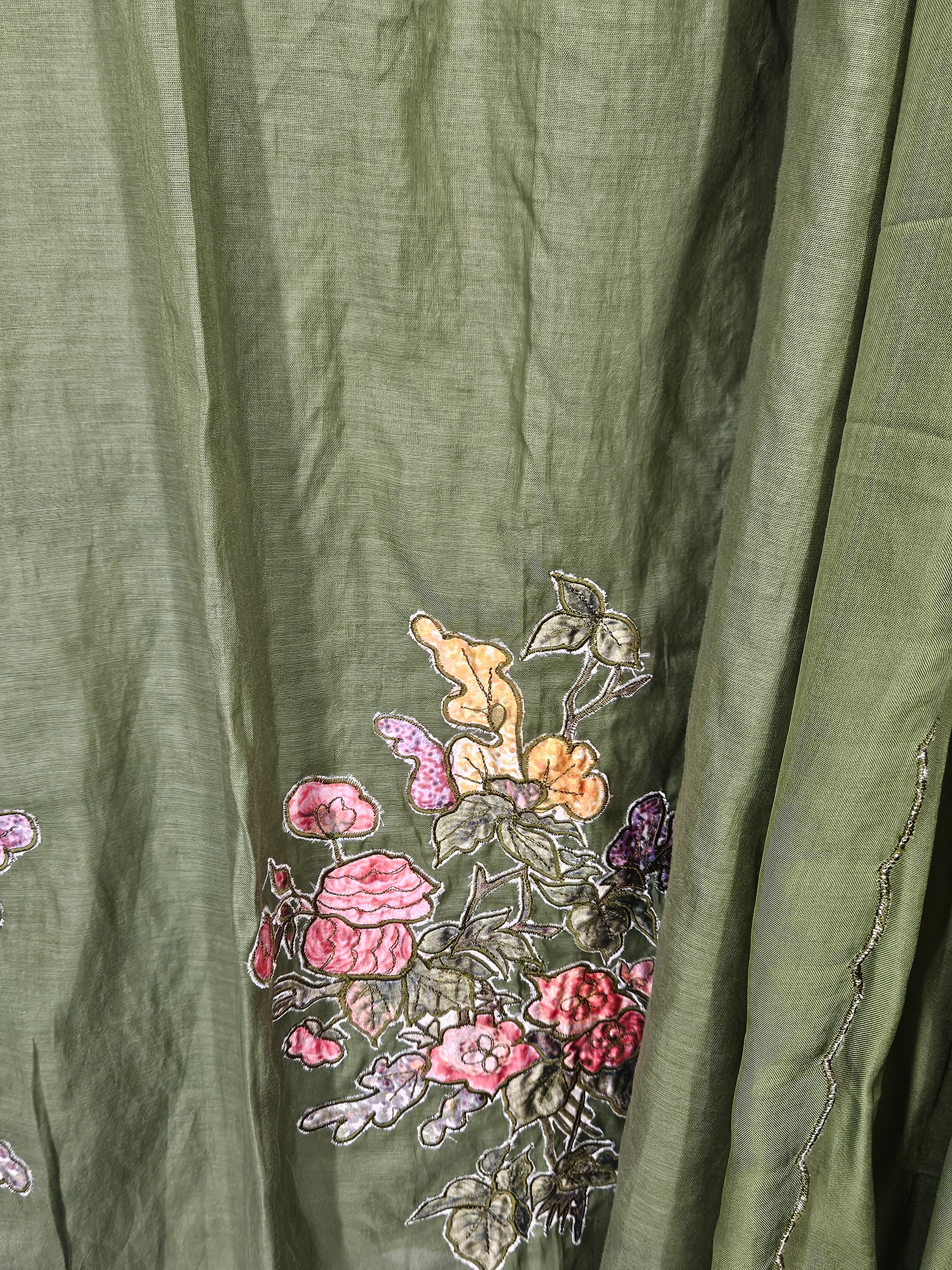 Pure Mul Chanderi 3-piece suit in olive green with intricate floral embroidery in pink, yellow, and purple hues, perfect for elegant occasions.