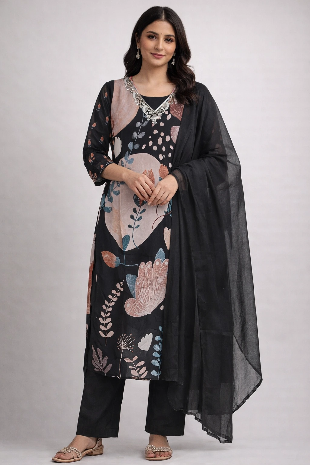 Elegant pure georgette ethnic dress in black with floral prints, featuring a V-neckline and paired with a matching dupatta and pants. Perfect for weddings and festivities.