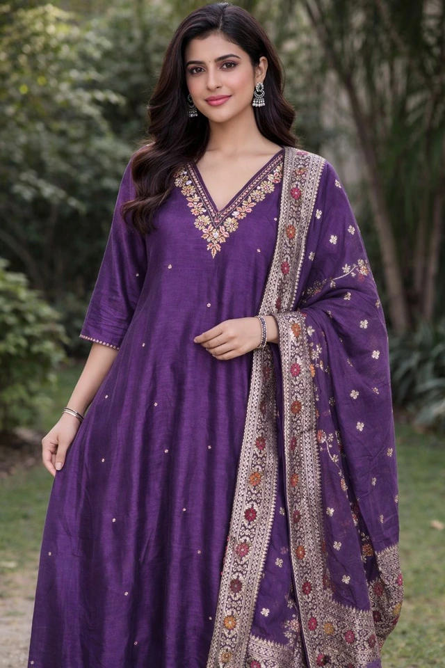 Purple Pure Dola Silk dress with intricate floral embroidery on the neckline, paired with a matching dupatta featuring detailed border work.