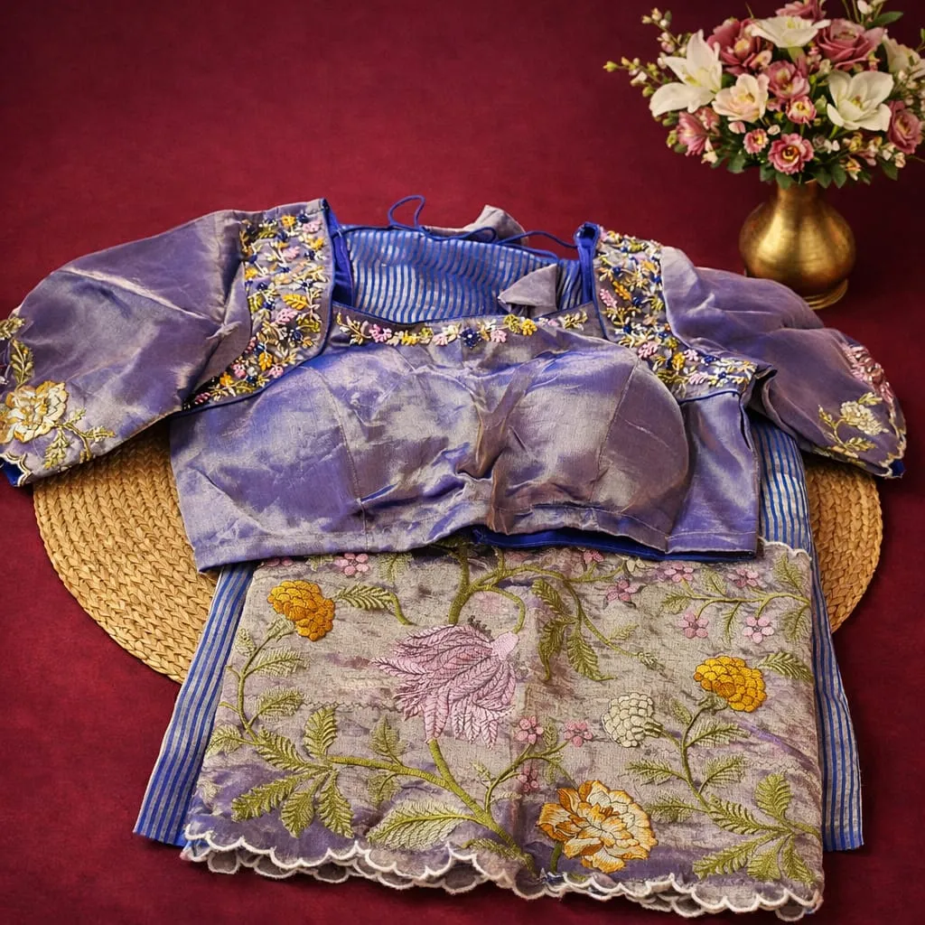 Exquisite Pure Banarasi Kora Tissue Saree in lavender with intricate floral embroidery, perfect for weddings and celebrations.