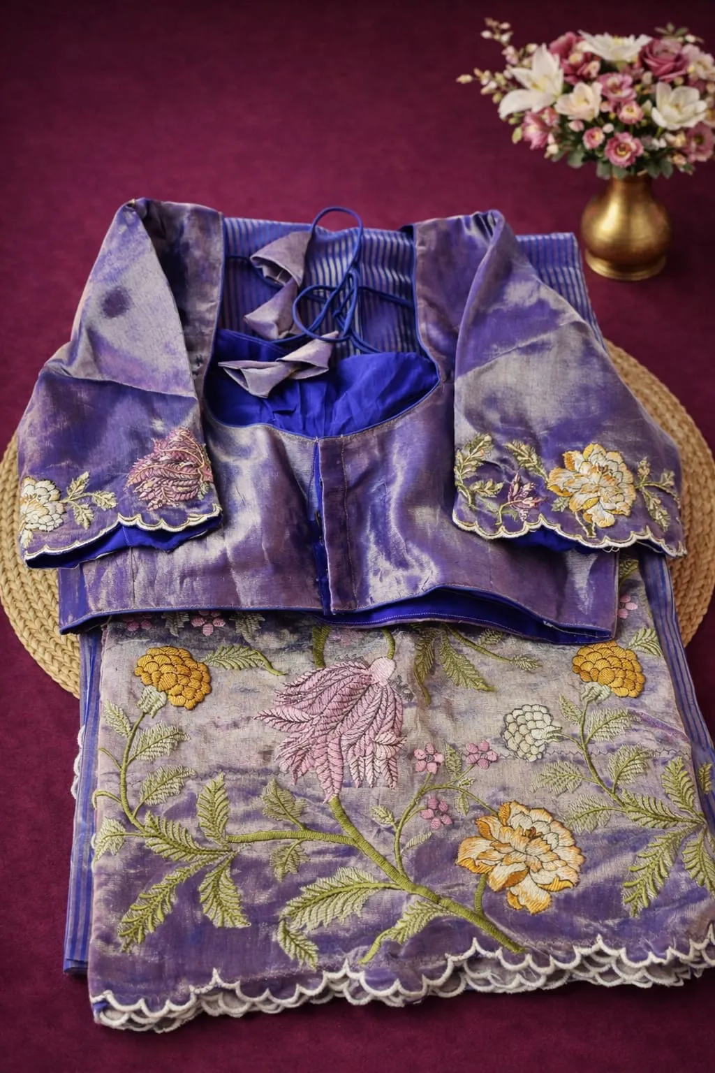 Pure Banarasi Kora Tissue saree in lavender with floral zari embroidery, paired with a matching blouse, ideal for weddings.