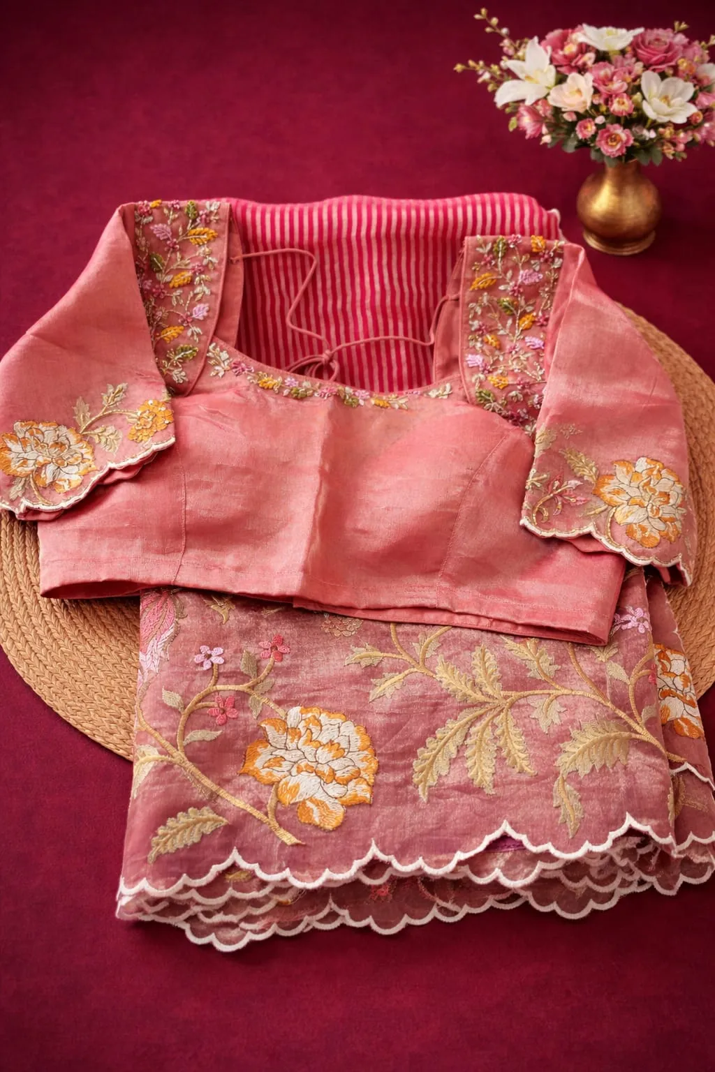 Elegant Banarasi Kora Tissue Saree in golden with intricate floral embroidery, paired with a matching blouse on a maroon background.