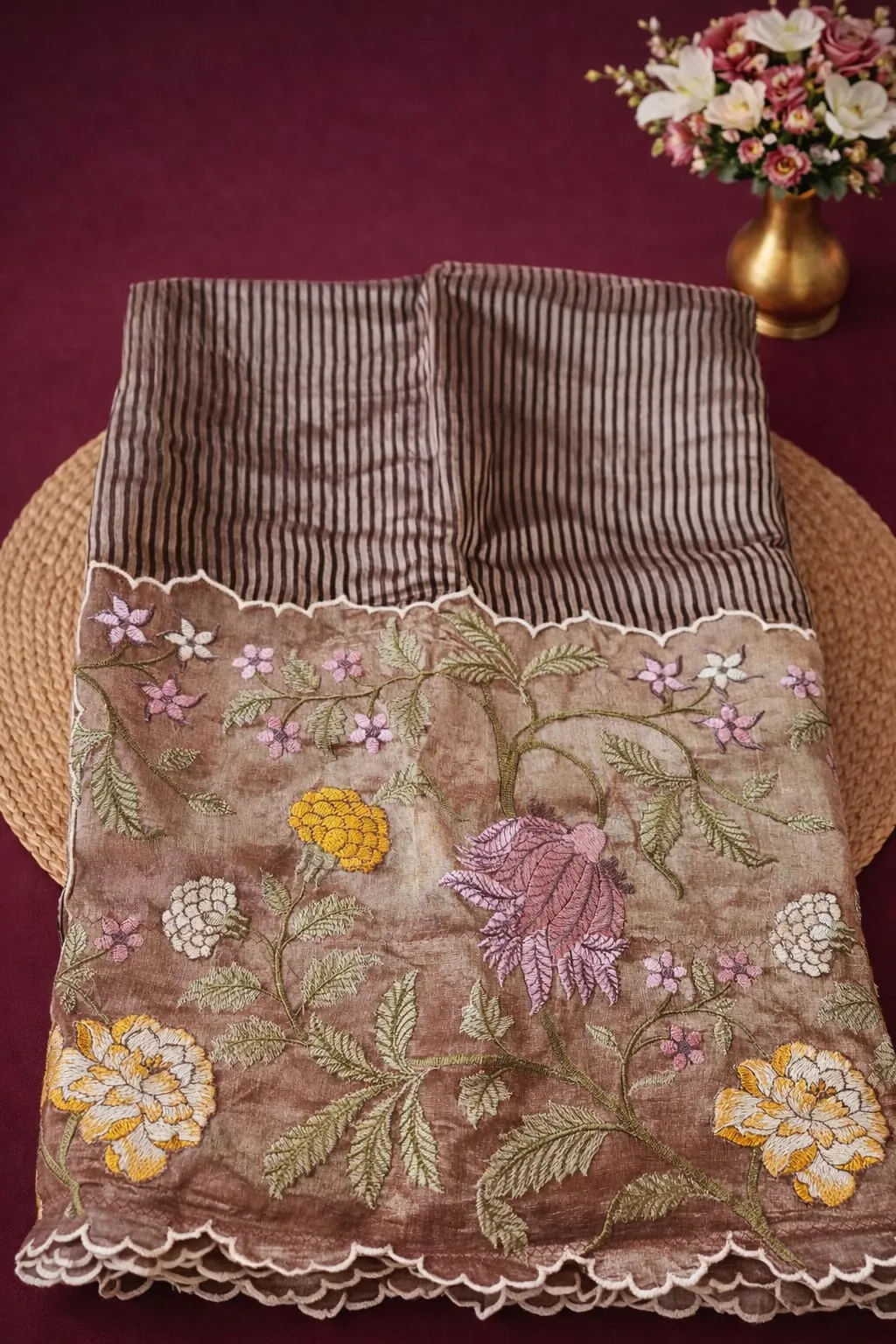 Pure Banarasi Kora Tissue Saree with floral embroidery in pastel hues, ideal for weddings and festive occasions.