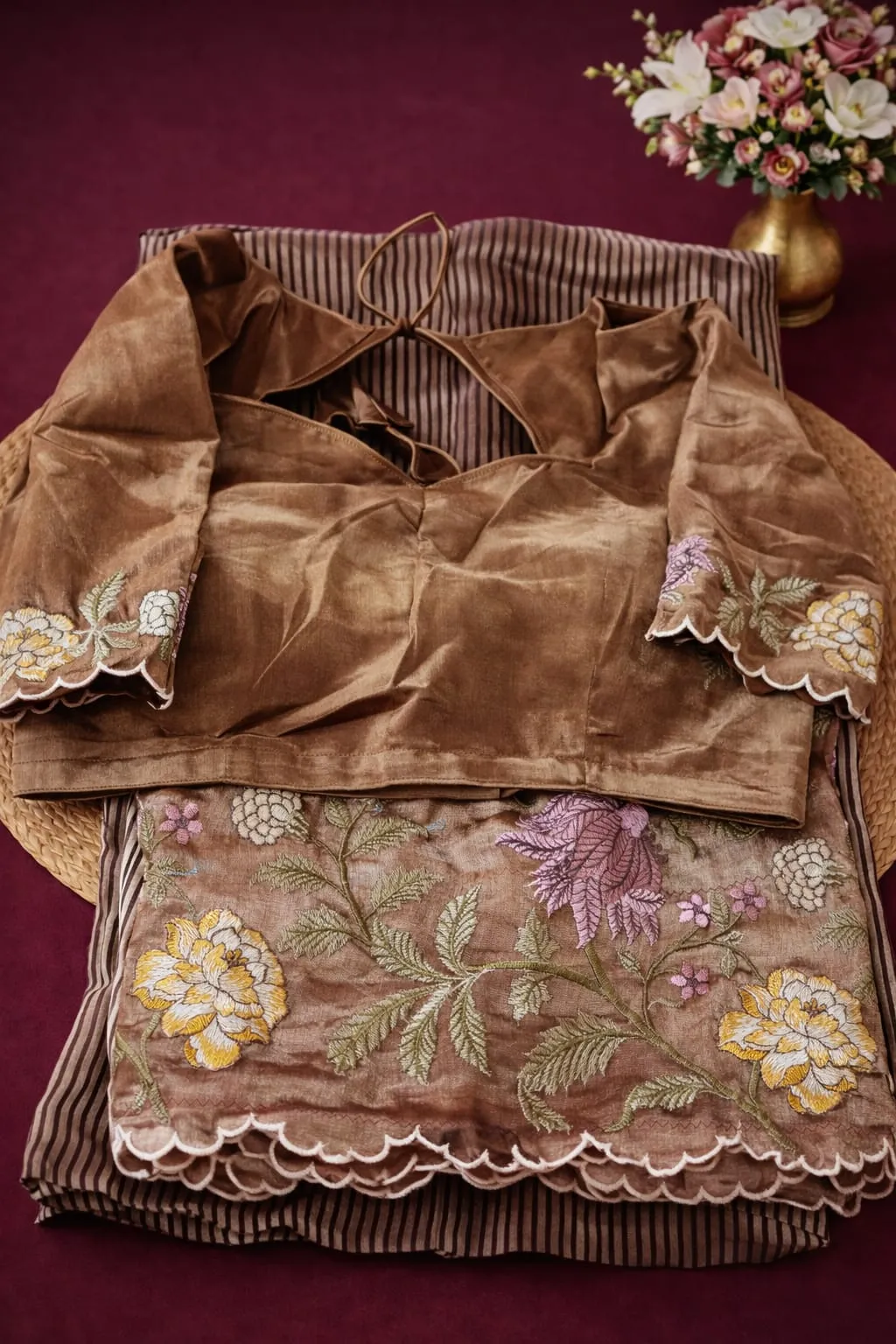 Elegant Pure Banarasi Kora Tissue Saree in rich brown with intricate floral embroidery, perfect for weddings and festive occasions.