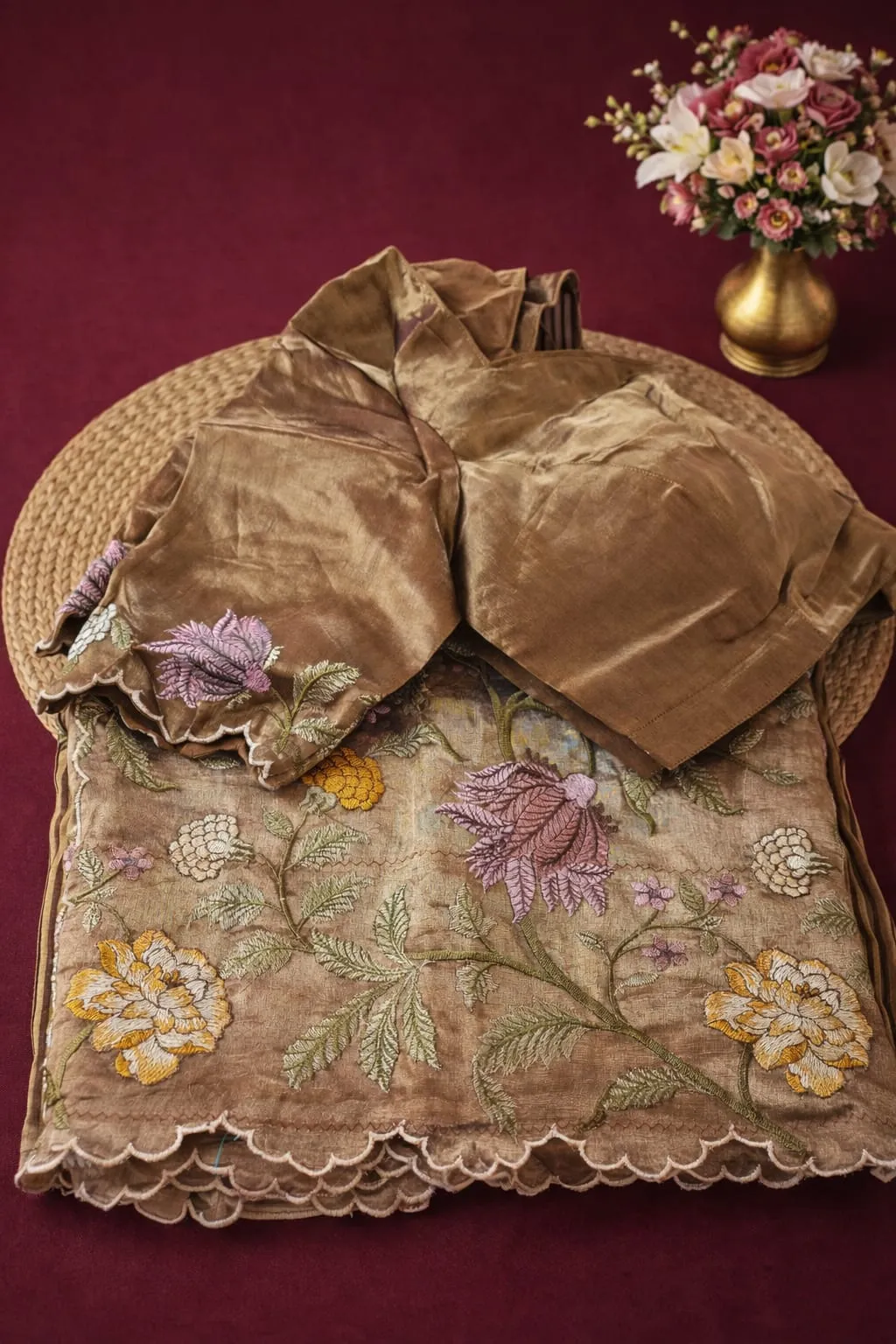 Pure Banarasi Kora Tissue Saree in gold with intricate floral embroidery, perfect for weddings and festive occasions.