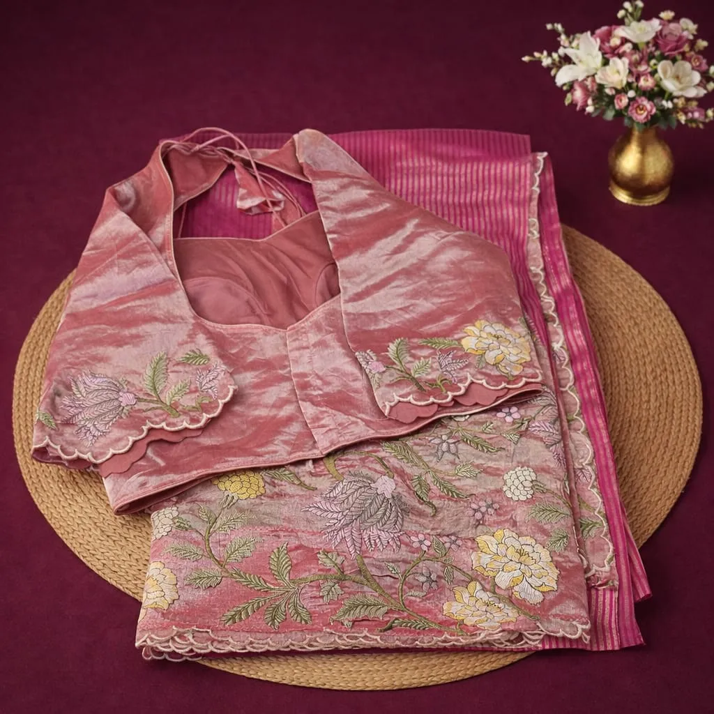 Elegant pure Banarasi Kora tissue saree in lustrous pink with floral embroidery, paired with a matching blouse.