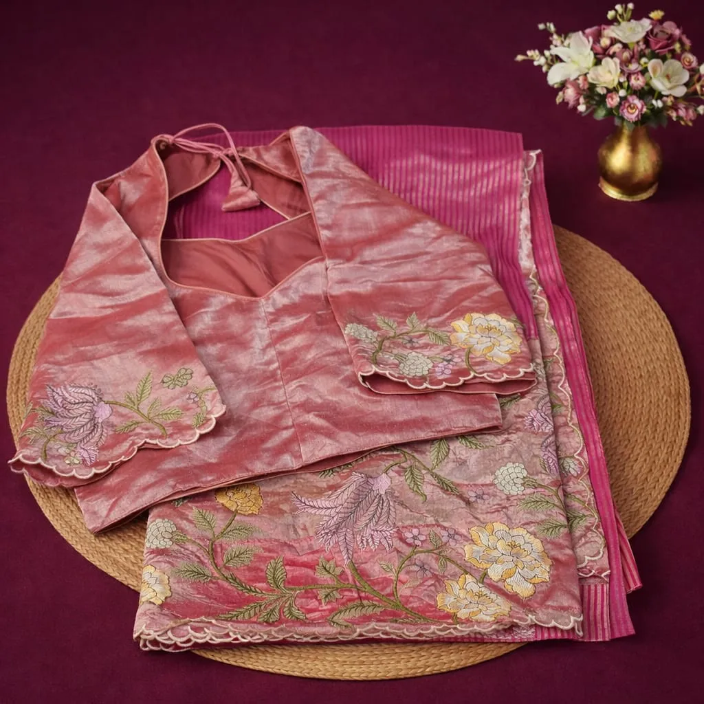 Elegant Pure Banarasi Kora Tissue Saree in pink with intricate floral embroidery, displayed with matching blouse.