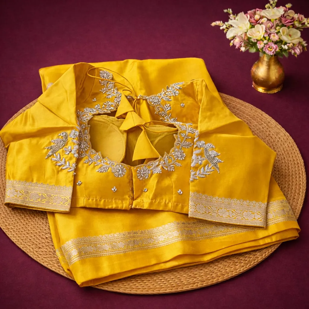 Luxurious Pure Banarasi Raw Mango Handloom Saree in vibrant yellow with intricate silver embroidery, perfect for festive elegance.