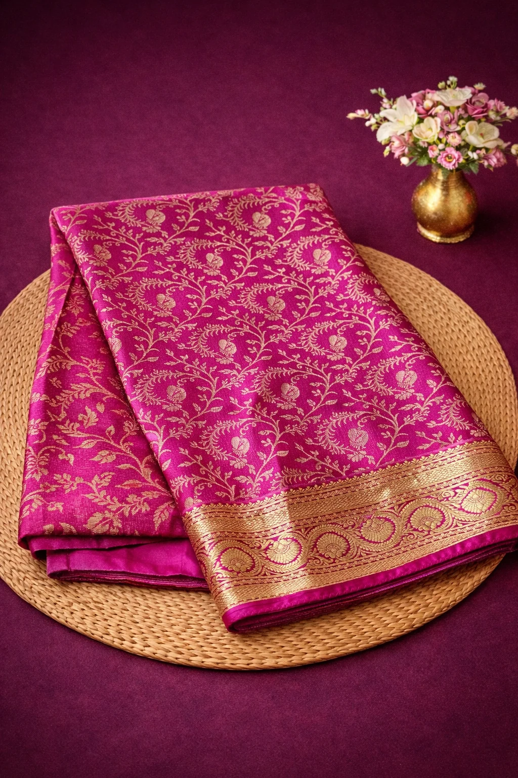 Pure brocade Mysore silk saree in rich magenta with intricate gold floral patterns and a detailed gold zari border, handwoven.