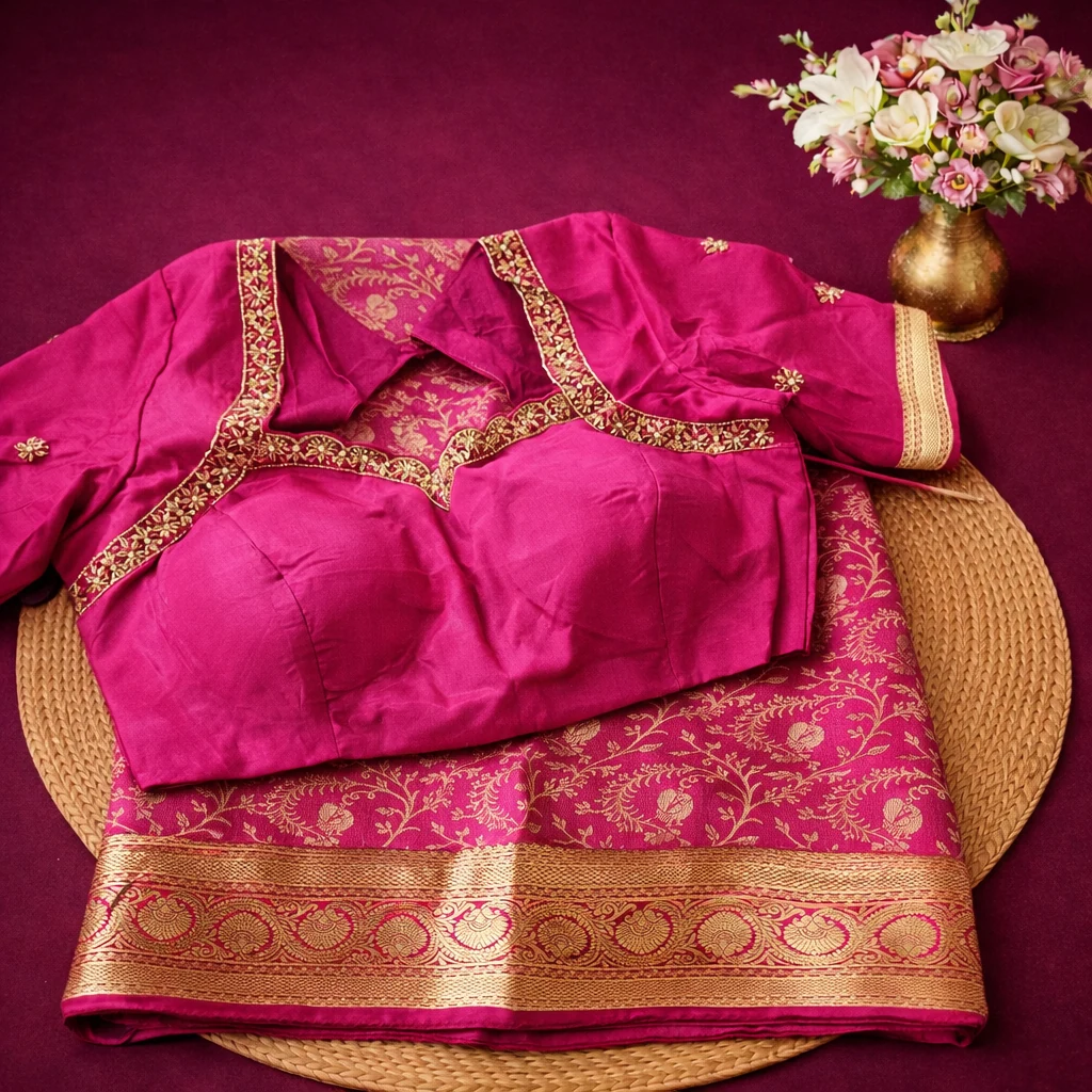Pure brocade Mysore silk saree in rich magenta with intricate gold zari floral patterns, paired with matching blouse.