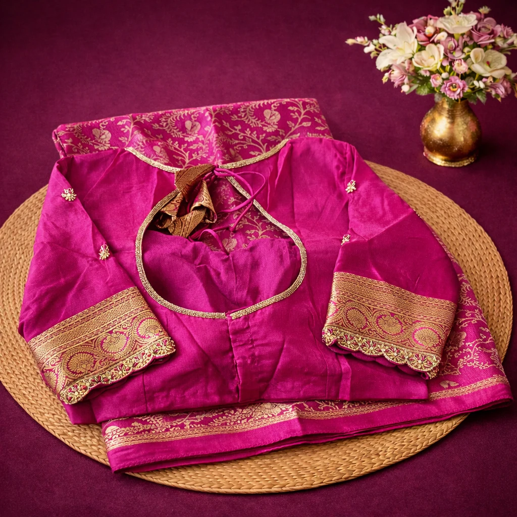 Pure brocade Mysore silk saree in rich magenta with gold zari borders, handwoven for weddings and festive occasions.