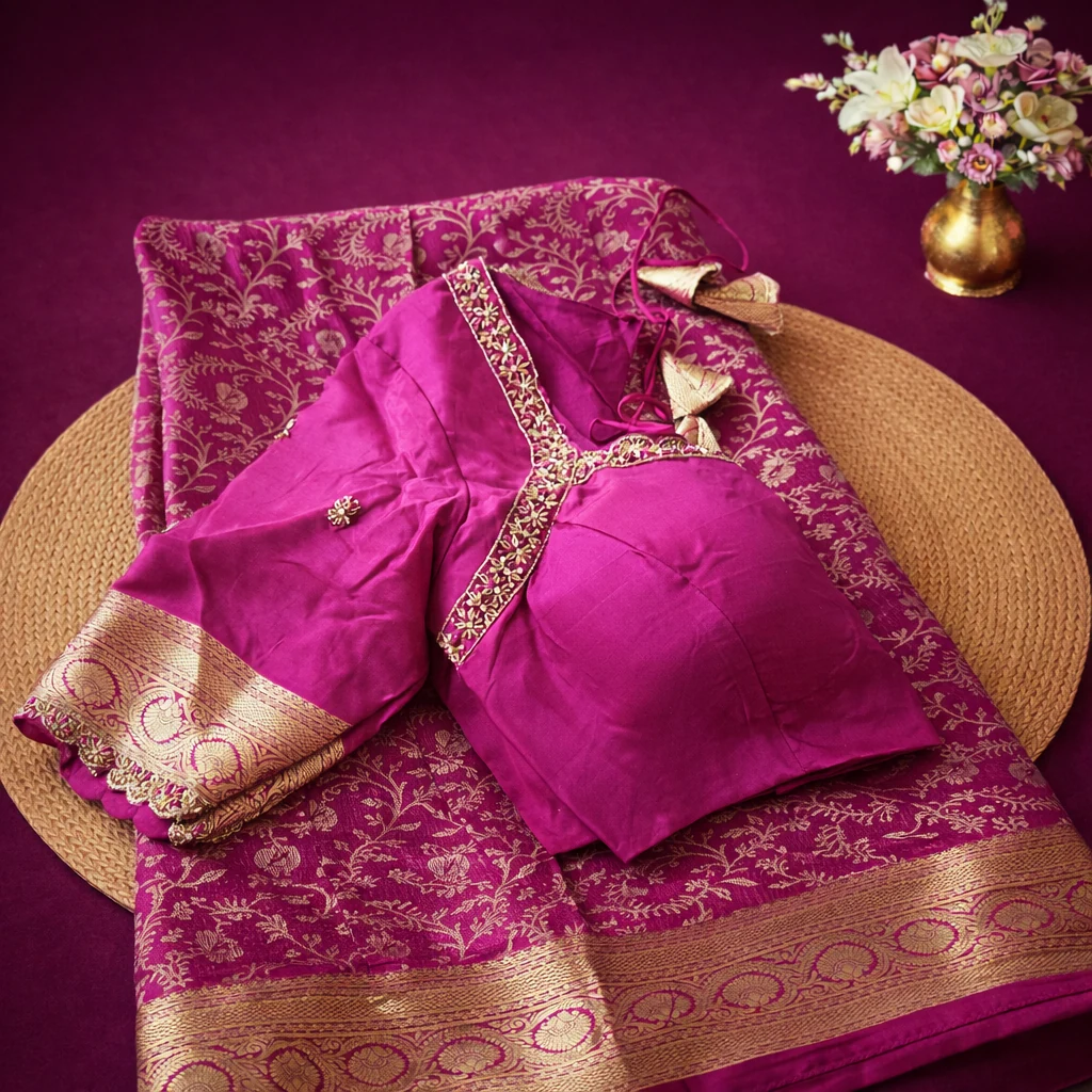 Pure brocade Mysore silk saree in rich magenta with intricate gold zari floral patterns, paired with matching blouse.