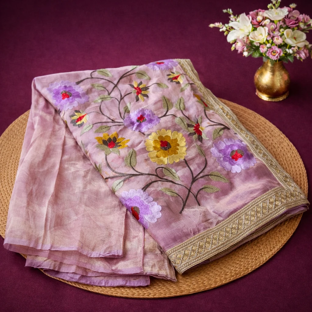 Pure Banarasi Kora tissue saree in soft lavender with intricate multicolor floral embroidery and gold zari border, handwoven silk.