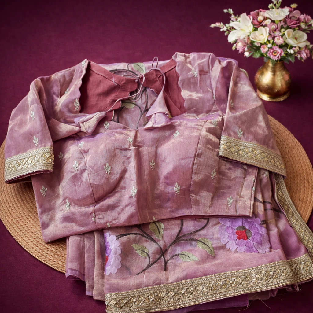 Handwoven Banarasi Kora tissue saree in mauve with floral embroidery, gold zari border, and matching blouse on display.