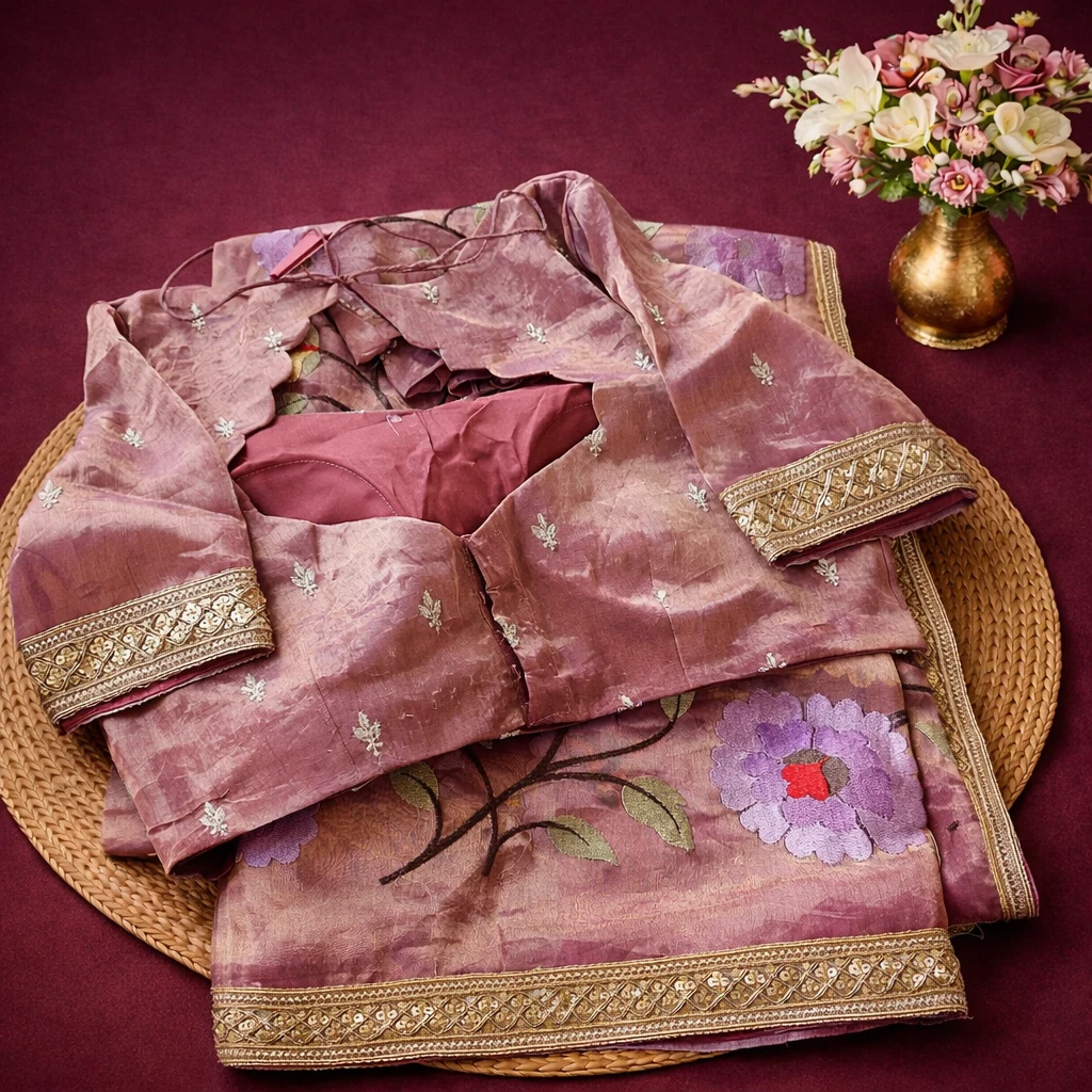Handwoven Banarasi Kora tissue saree in mauve with intricate floral embroidery and gold zari border, paired with blouse.