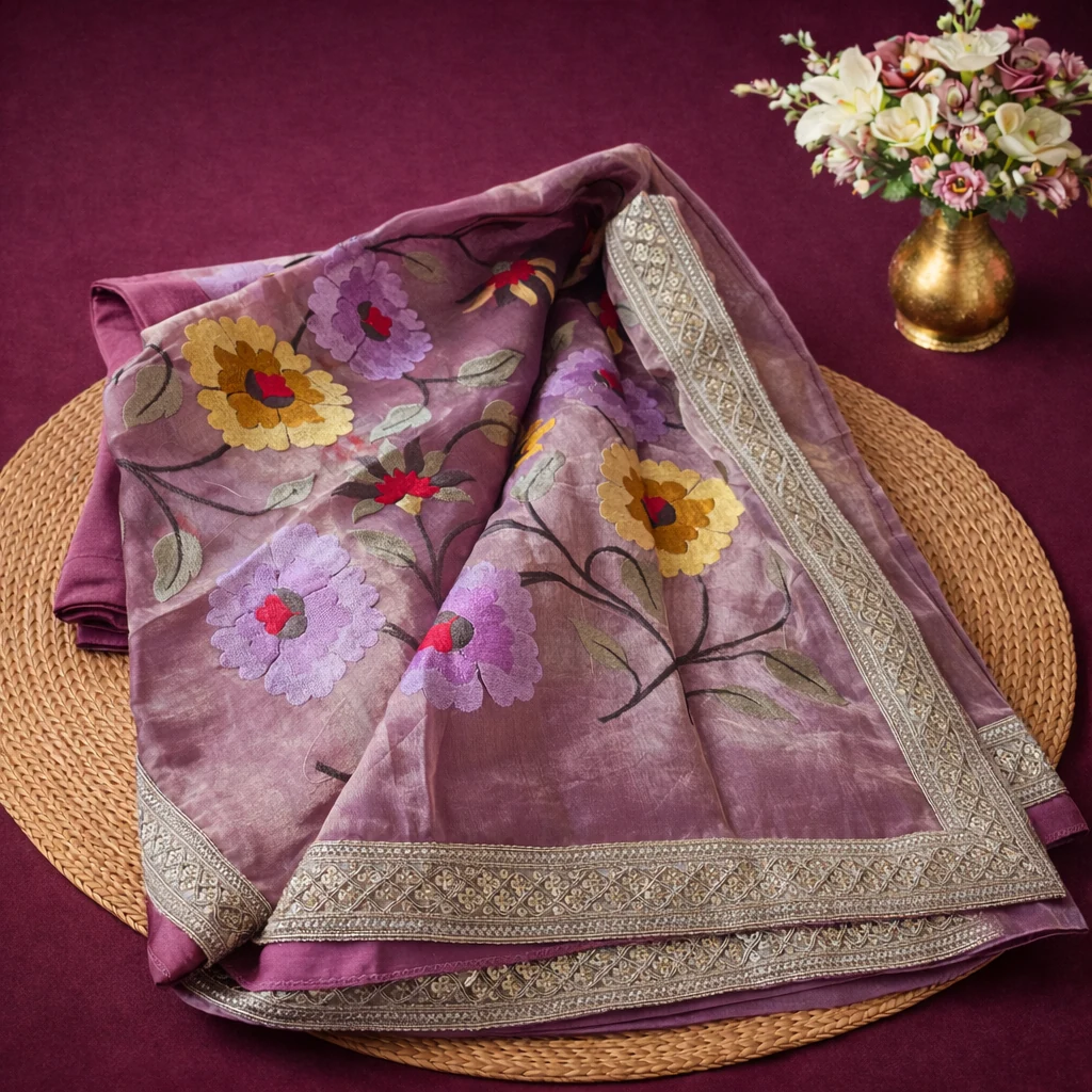 Pure Banarasi Kora tissue saree in mauve with handwoven floral embroidery and silver zari border, displayed on mat.