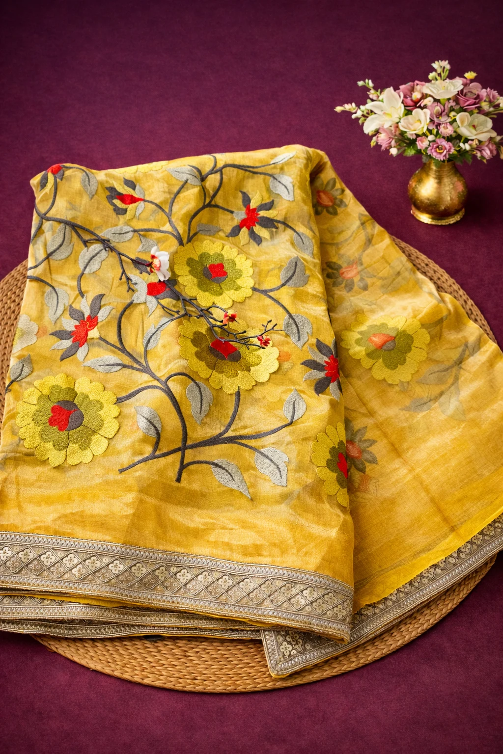 Handwoven pure Banarasi Kora tissue saree in gold with intricate floral embroidery and silver zari border, ideal for weddings.