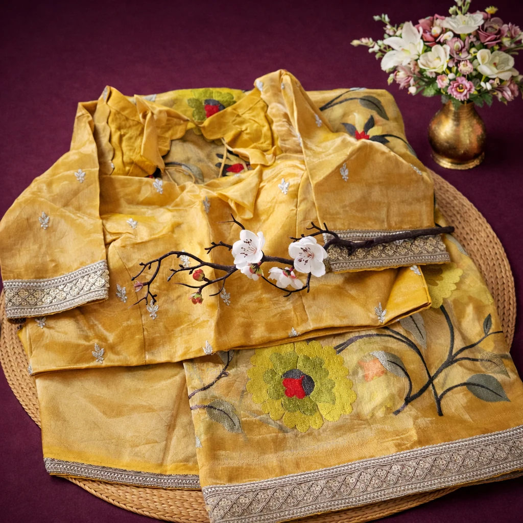 Handwoven pure Banarasi Kora tissue saree in gold with floral embroidery and silver zari border, ideal for weddings