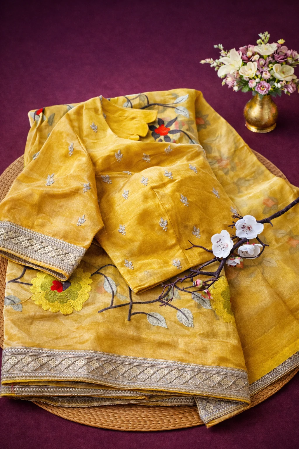 Handwoven pure Banarasi Kora tissue saree in gold with intricate embroidery, floral motifs, and silver zari border.