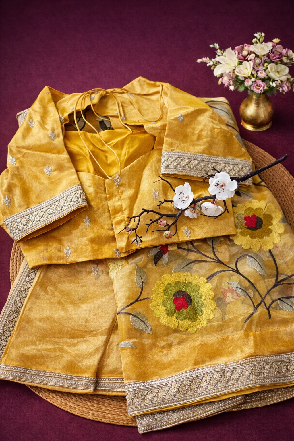 Handwoven pure Banarasi Kora tissue saree in gold with floral embroidery, paired with matching blouse, ideal for weddings