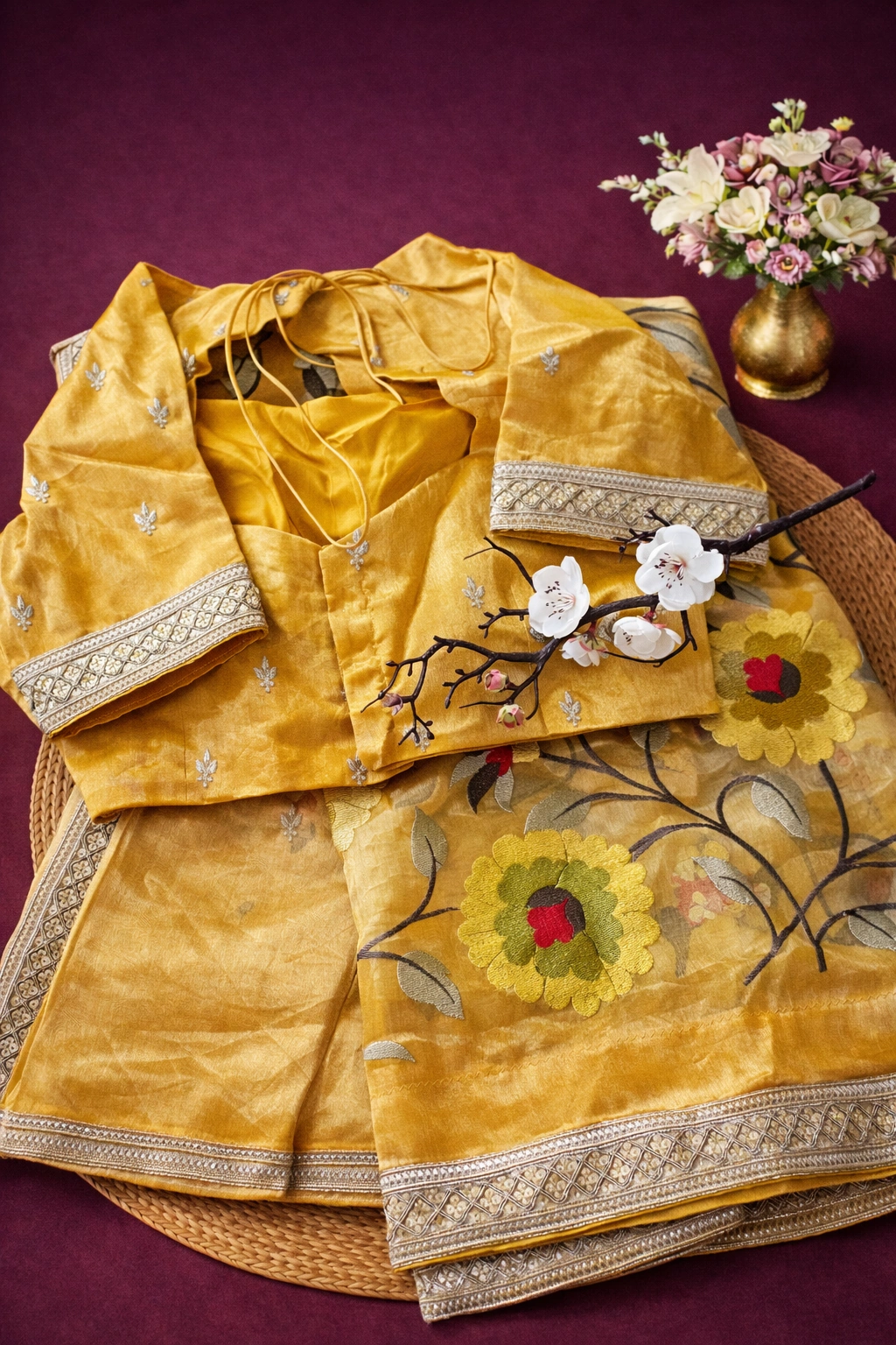 Handwoven Pure Banarasi Kora Tissue Embroidery Saree – Gold Elegance for Weddings - Image 4