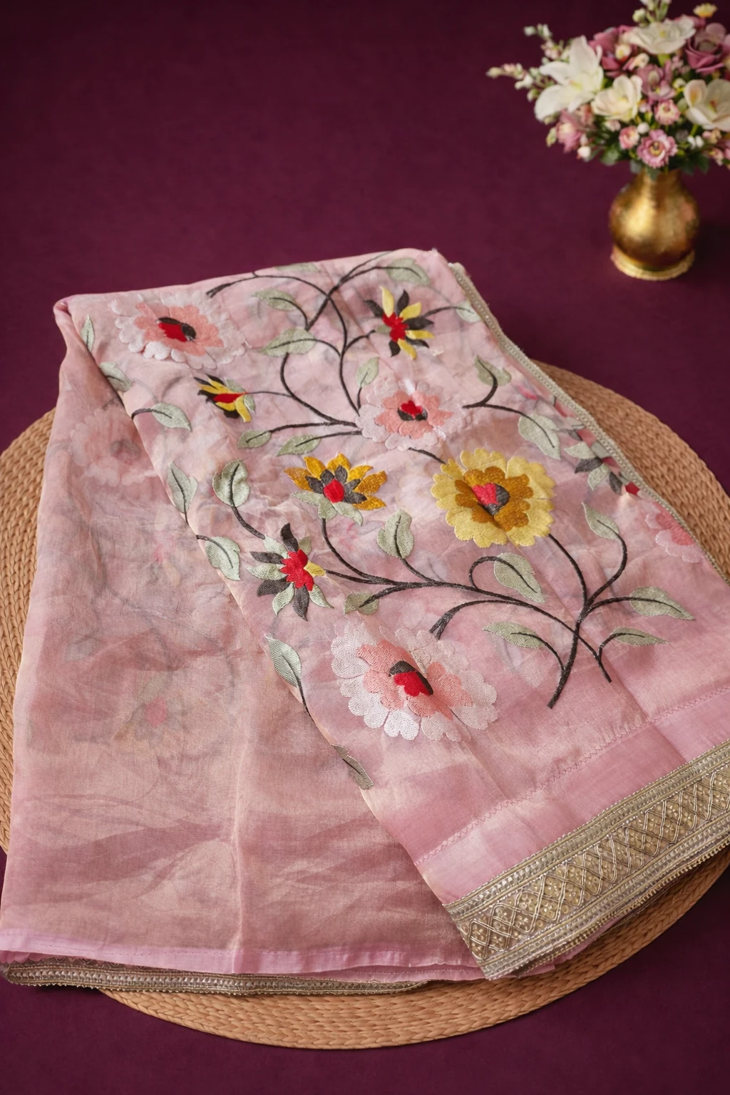 Pure Banarasi Kora Tissue saree in soft pink with intricate floral embroidery and gold zari border, displayed on mat.