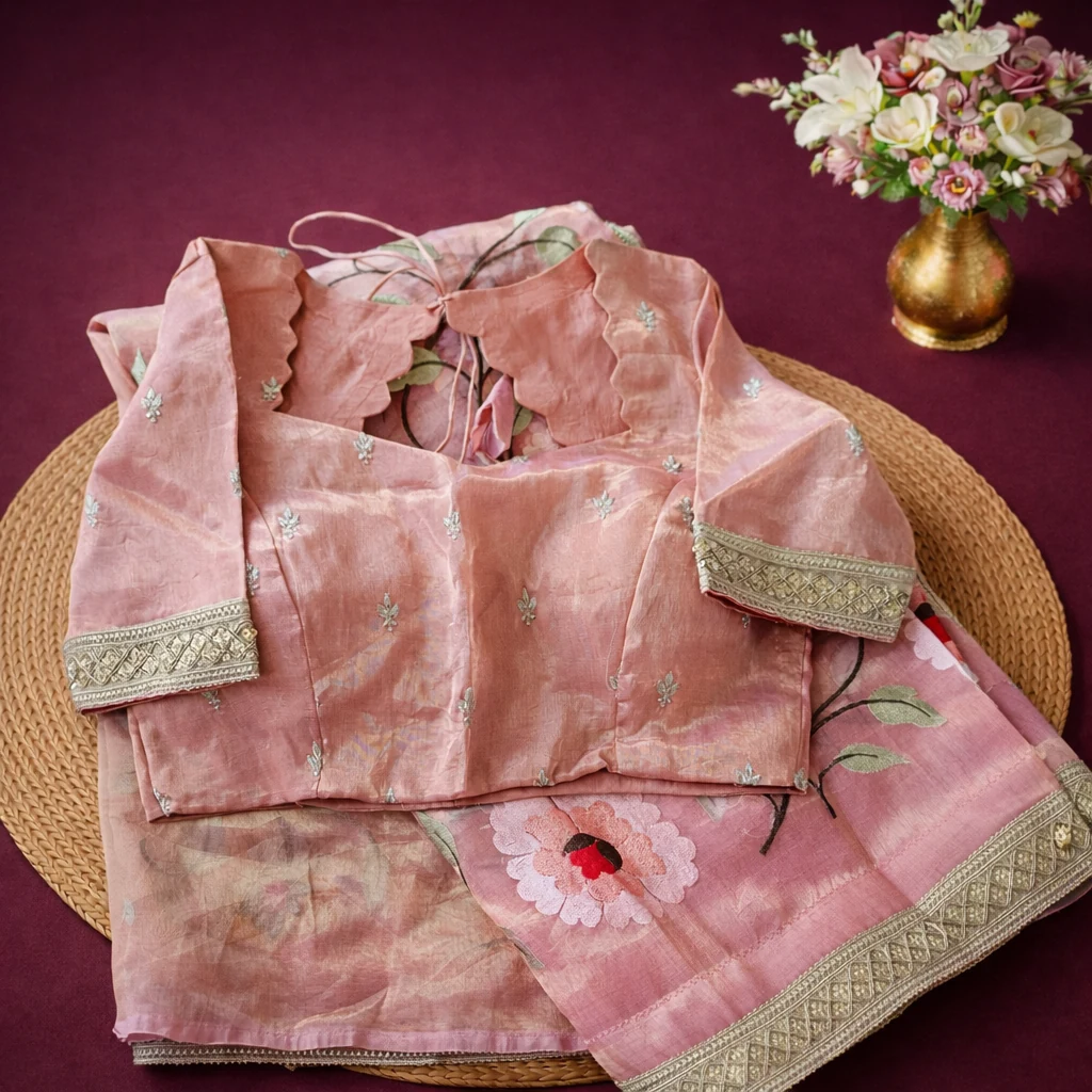 Pure Banarasi Kora Tissue saree in blush pink with delicate floral embroidery and silver zari border, paired with blouse.