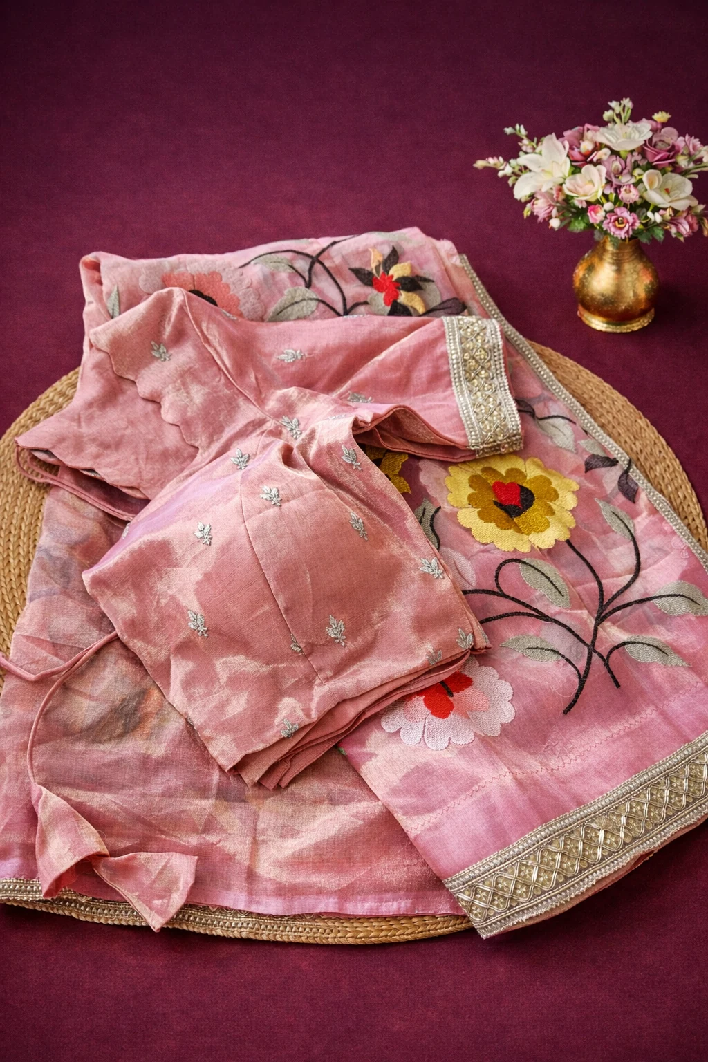 Pure Banarasi Kora Tissue saree in soft pink with floral embroidery, silver zari border, and matching blouse piece.