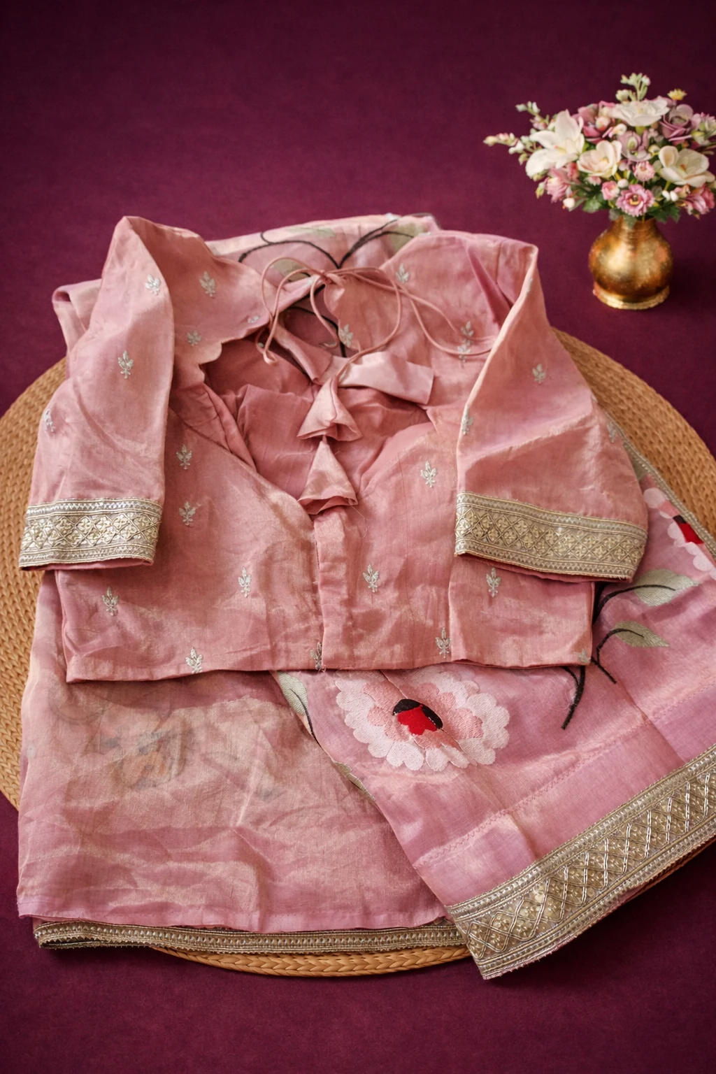 Pure Banarasi Kora Tissue saree in dusty pink with silver zari embroidery, floral motifs, and matching blouse on display.