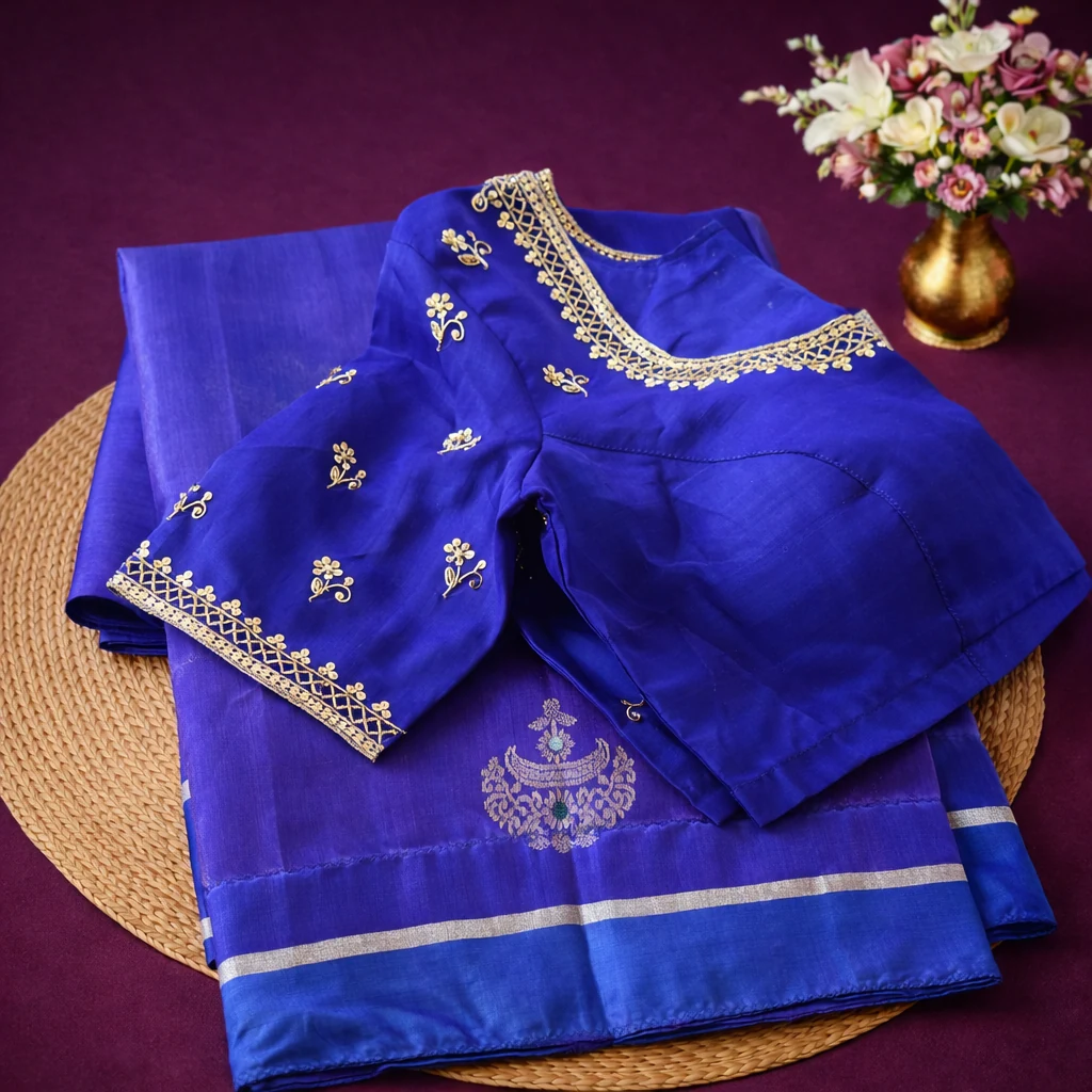 Pure Chanderi Pattu silk saree in royal blue with silver zari border, paired with an embroidered blouse, ideal for weddings.