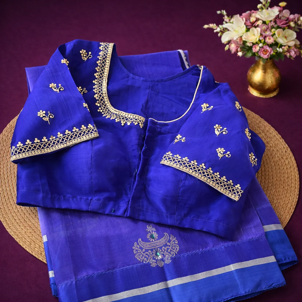 Pure Chanderi Pattu silk saree in royal blue with silver zari border, paired with an embroidered blouse, ideal for weddings.