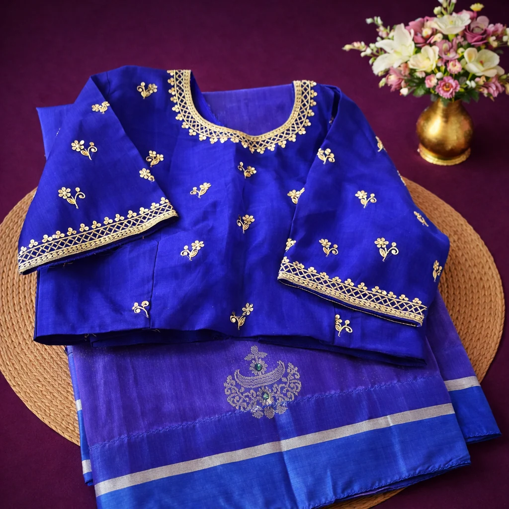 Pure Chanderi Pattu silk saree in royal blue with silver zari border, floral embroidery, and matching blouse piece.