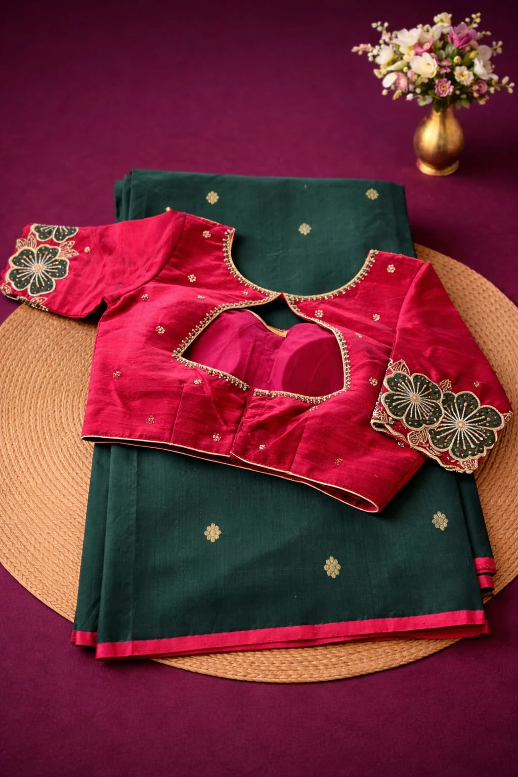 Pure Chanderi Pattu silk saree in deep green with gold motifs, paired with a maroon embroidered blouse, ideal for weddings.