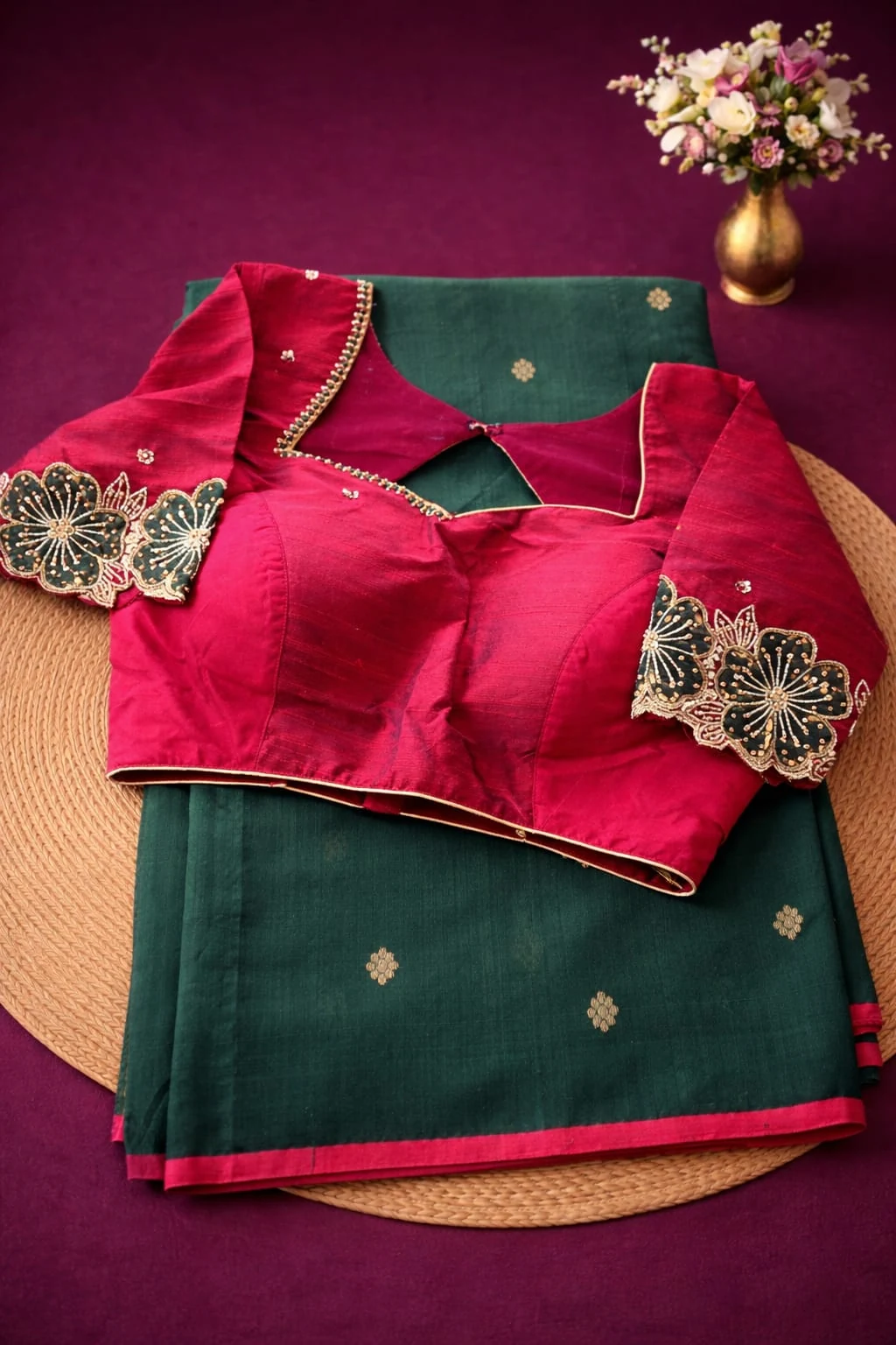 Pure Chanderi Pattu silk saree in deep green with gold motifs, paired with a maroon embroidered blouse, ideal for weddings.