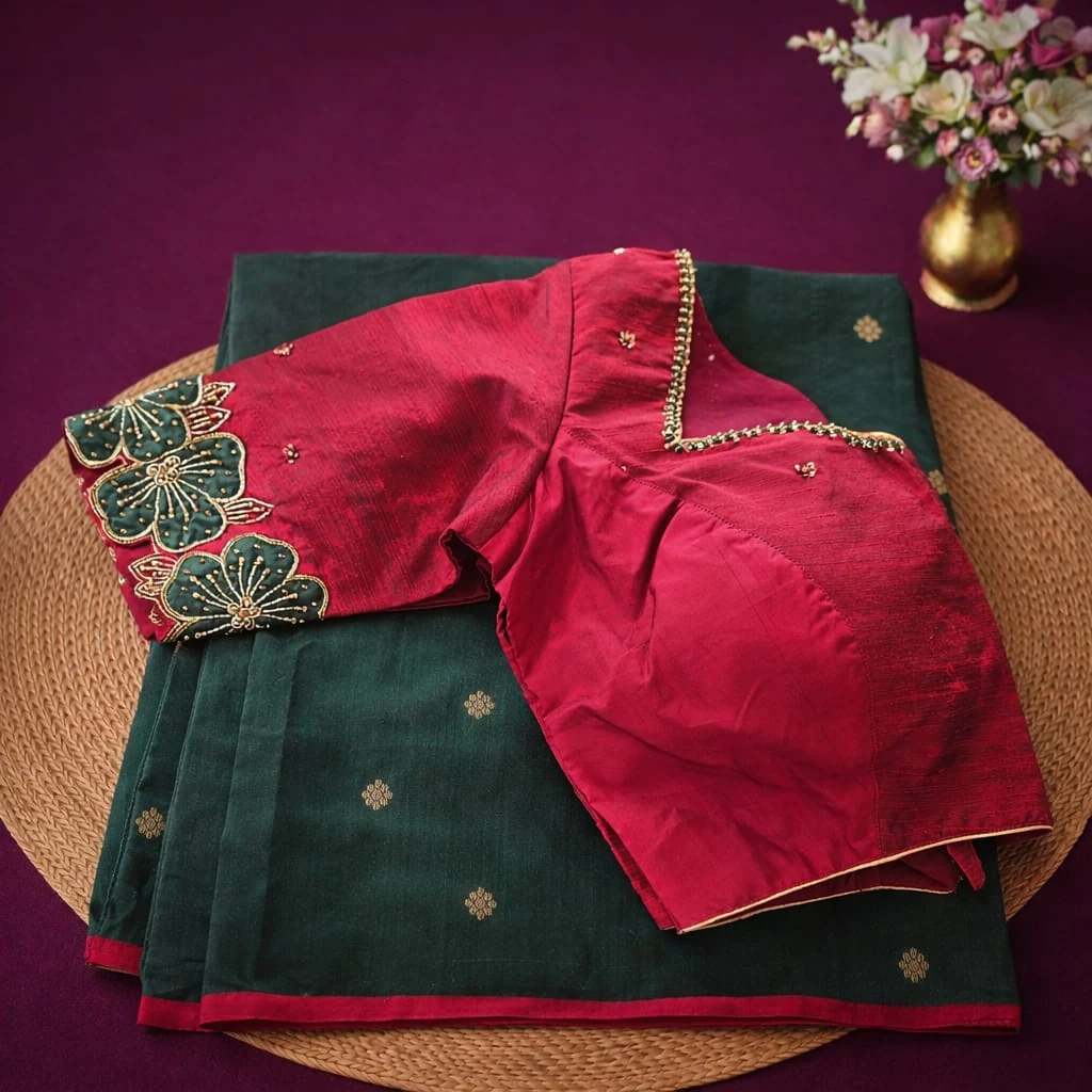 Pure Chanderi Pattu silk saree in deep green with gold motifs, paired with a red embroidered blouse, ideal for weddings.