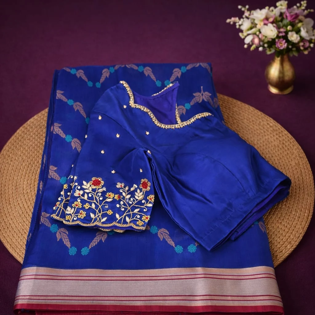 Pure Chanderi Pattu silk saree in royal blue with silver zari border, floral motifs, and matching embroidered blouse.