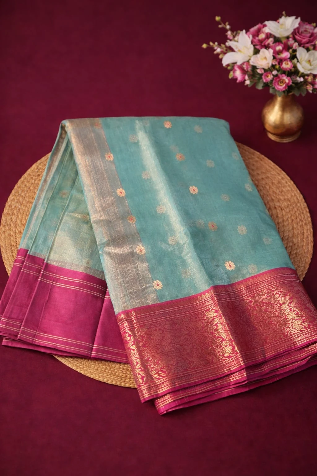 Pure Chanderi Pattu silk saree in aqua blue with gold zari motifs, maroon zari border, handwoven for special occasions