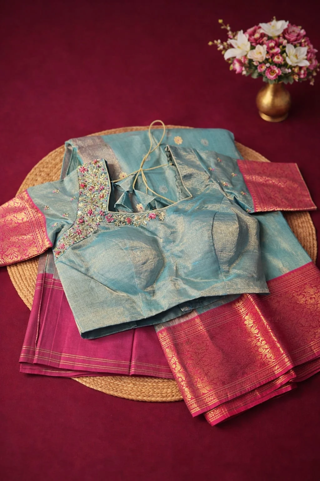 Pure Chanderi Pattu silk saree in magenta with gold zari border, paired with an aqua blue embroidered blouse, displayed on a mat.