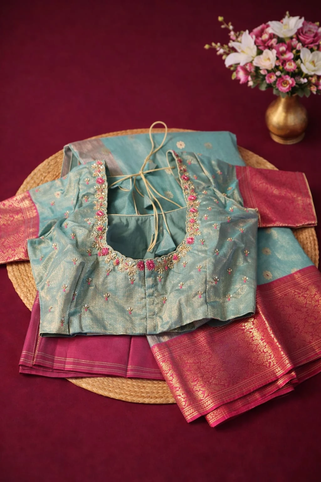 Pure Chanderi Pattu silk saree in teal blue and magenta with gold zari border, paired with an embroidered blouse.
